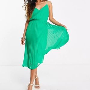 Green pleated cami midi dress